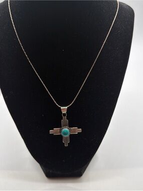 Vng Zia Symbol Southwestern Turquoise pendant Sterling Silver Signed Native